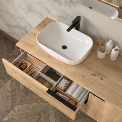 Meuble de salle de bain 100cm avec vasque à poser arrondie - 2 tiroirs - miroir avec armoirette - roble (chêne clair) - KING