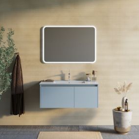 Meuble de salle de bain 100cm bleu céleste mat, lavabo en céramique, miroir - monaco