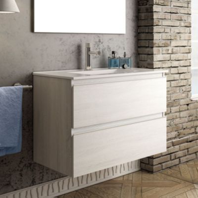 Meuble de salle de bain 100cm simple vasque - 2 tiroirs - BALEA - hibernian (bois blanchi)