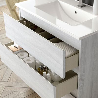Meuble de salle de bain 100cm simple vasque - 2 tiroirs - BALEA - hibernian (bois blanchi)