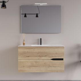 Meuble de salle de bain 100cm simple vasque - 2 tiroirs - roble halifax (chêne clair)  - COME