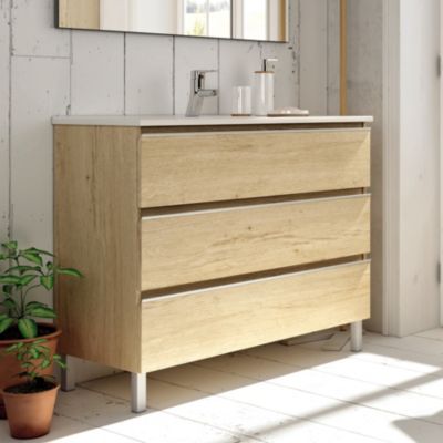 Meuble de salle de bain 100cm simple vasque - 3 tiroirs - sans miroir - PALMA - bambou (chêne clair)