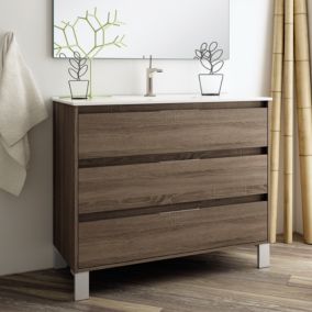 Meuble de salle de bain 100cm simple vasque - 3 tiroirs - sans miroir - TIRIS 3C - britannia (chêne foncé)