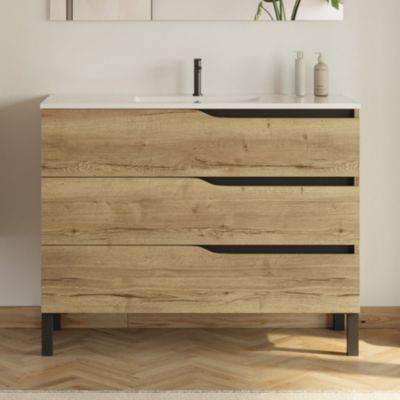 Meuble de salle de bain 100cm simple vasque - sans miroir - 3 tiroirs - madera miel (bois clair) - MATA