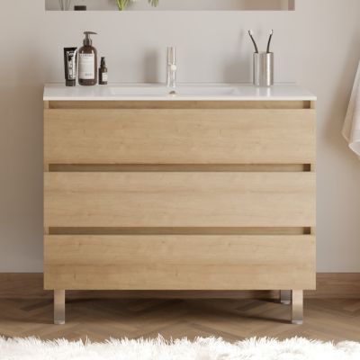 Meuble de salle de bain 100cm simple vasque - sans miroir - 3 tiroirs - nebraska (bois clair) - MAYOR