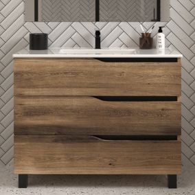 Meuble de salle de bain 100cm simple vasque - sans miroir - 3 tiroirs - tabaco (bois foncé) - MATA