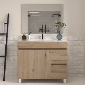Meuble de salle de bain 100cm simple vasque sur pieds avec portes et tiroirs - cambrian (chêne clair) - HARO