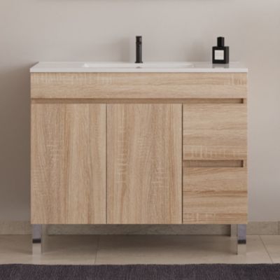 Meuble de salle de bain 100cm simple vasque sur pieds avec portes et tiroirs - cambrian (chêne clair) - HARO