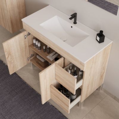 Meuble de salle de bain 100cm simple vasque sur pieds avec portes et tiroirs - cambrian (chêne clair) - HARO