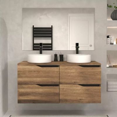Meuble de salle de bain 120 avec plateau et 2 vasques à poser - 4 tiroirs - tabaco (bois foncé) - LUNA