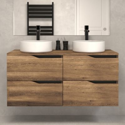 Meuble de salle de bain 120 avec plateau et 2 vasques à poser - 4 tiroirs - tabaco (bois foncé) - LUNA