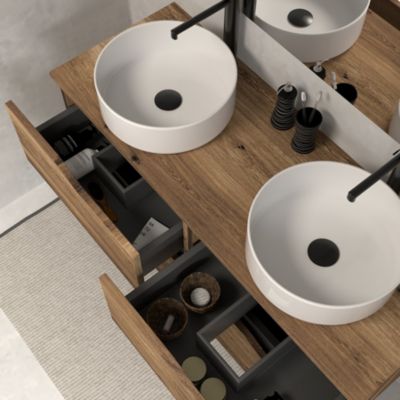 Meuble de salle de bain 120 avec plateau et 2 vasques à poser - 4 tiroirs - tabaco (bois foncé) - LUNA