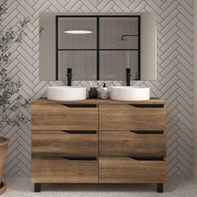 Meuble de salle de bain 120 avec plateau et 2 vasques à poser - 6 tiroirs - tabaco (bois foncé) - MATA