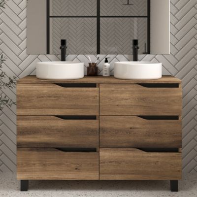 Meuble de salle de bain 120 avec plateau et 2 vasques à poser - sans miroir - 6 tiroirs - tabaco (bois foncé) - MATA