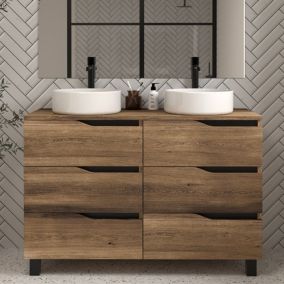 Meuble de salle de bain 120 avec plateau et 2 vasques à poser - sans miroir - 6 tiroirs - tabaco (bois foncé) - MATA