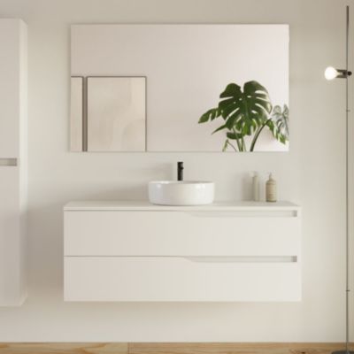 Meuble de salle de bain 120 avec plateau et vasque à poser - 2 tiroirs - blanc - LUNA