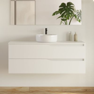 Meuble de salle de bain 120 avec plateau et vasque à poser - 2 tiroirs - blanc - LUNA