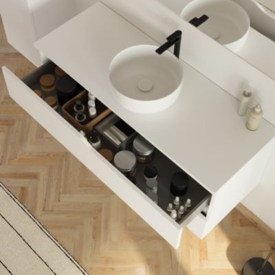 Meuble de salle de bain 120 avec plateau et vasque à poser - 2 tiroirs - blanc - LUNA