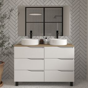 Meuble de salle de bain 120 avec plateau miel et vasque à poser - 6 tiroirs - blanc - MATA