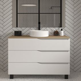 Meuble de salle de bain 120 avec plateau miel et vasque à poser - sans miroir - 3 tiroirs - blanc - MATA