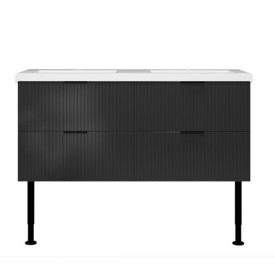 Meuble de salle de bain 120 cm, 4 tiroirs, MDF anthracite brillant, avec double vasque + pieds