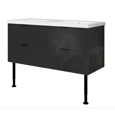 Meuble de salle de bain 120 cm, 4 tiroirs, MDF anthracite brillant, avec double vasque + pieds