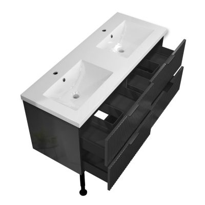 Meuble de salle de bain 120 cm, 4 tiroirs, MDF anthracite brillant, avec double vasque + pieds