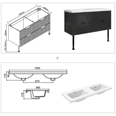 Meuble de salle de bain 120 cm, 4 tiroirs, MDF anthracite brillant, avec double vasque + pieds