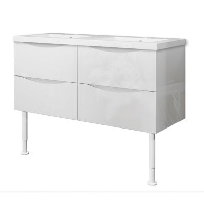 Meuble de salle de bain 120 cm, 4 tiroirs, MDF blanc, avec double vasque + pieds