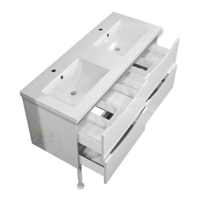 Meuble de salle de bain 120 cm, 4 tiroirs, MDF blanc, avec double vasque + pieds