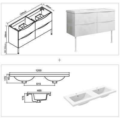 Meuble de salle de bain 120 cm, 4 tiroirs, MDF blanc, avec double vasque + pieds