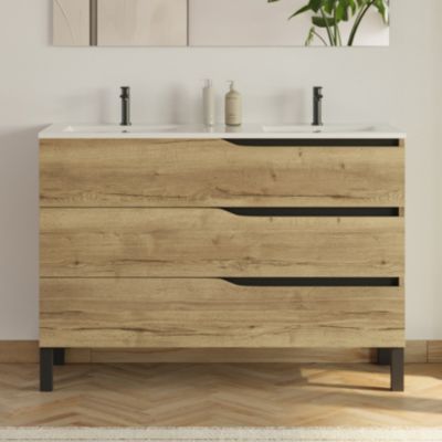 Meuble de salle de bain 120cm avec plan double vasque - 3 tiroirs - sans miroir - madera miel (bois clair) - MATA