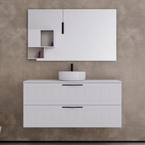 Meuble de salle de bain 120cm avec plateau et une vasque à poser ronde - 2 tiroirs - sans miroir - blanc - PIA