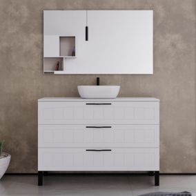 Meuble de salle de bain 120cm avec plateau et vasque à poser ovale - 3 tiroirs - blanc - CALA