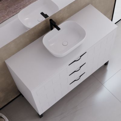 Meuble de salle de bain 120cm avec plateau et vasque à poser ovale - 3 tiroirs - sans miroir - blanc - CALA