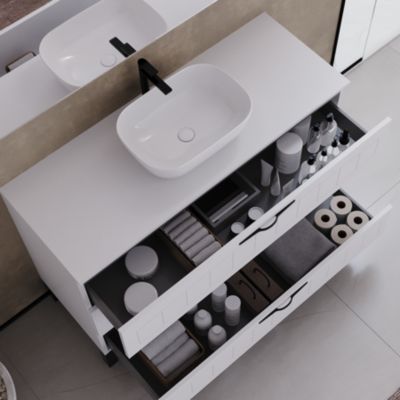 Meuble de salle de bain 120cm avec plateau et vasque à poser ovale - 3 tiroirs - sans miroir - blanc - CALA