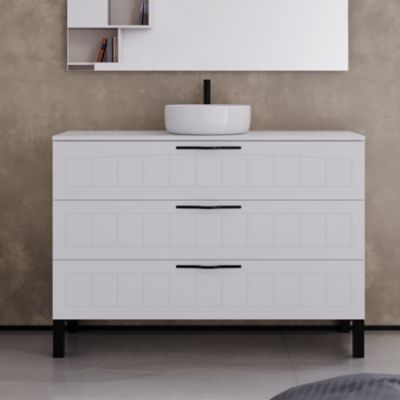 Meuble de salle de bain 120cm avec plateau et vasque à poser ronde - 3 tiroirs - blanc - CALA