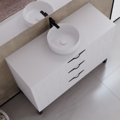 Meuble de salle de bain 120cm avec plateau et vasque à poser ronde - 3 tiroirs - blanc - CALA