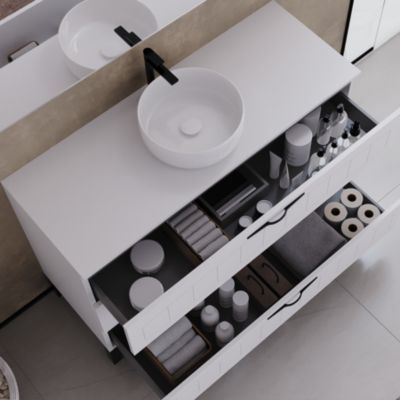 Meuble de salle de bain 120cm avec plateau et vasque à poser ronde - 3 tiroirs - blanc - CALA