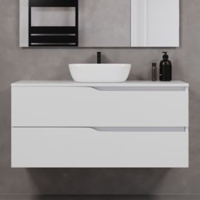 Meuble de salle de bain 120cm avec plateau et vasque à poser zeus - 2 tiroirs - sans miroir - blanc - LUNA