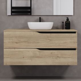 Meuble de salle de bain 120cm avec plateau et vasque à poser zeus - 2 tiroirs - sans miroir - madera miel (chêne clair) - LUNA