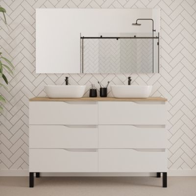 Meuble de salle de bain 120cm avec plateau miel et deux vasques à poser zeus - 6 tiroirs - blanc - MATA