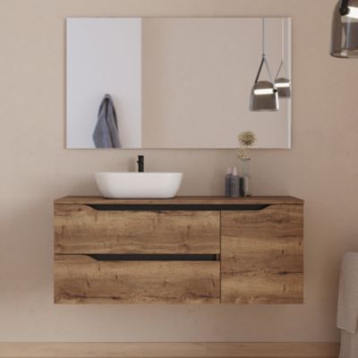 Meuble de salle de bain 120cm avec plateau, vasque à poser  à gauche Zeus et miroir - 2 tiroirs et 1 placard - tabaco - ZARZA