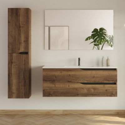 Meuble de salle de bain 120cm avec simple vasque - 2 tiroirs et colonne de rangement - tabaco (chêne foncé) - LUNA
