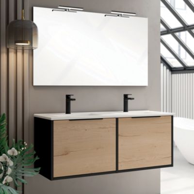 Meuble de salle de bain 120cm double vasque - 2 façades et 4 tiroirs - ALBA - noir/roble