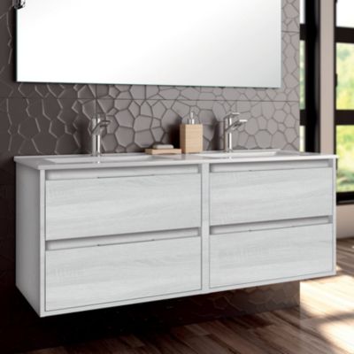 Meuble de salle de bain 120cm double vasque - 4 tiroirs - IRIS - hibernian (bois blanchi)