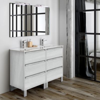 Meuble de salle de bain 120cm double vasque - 6 tiroirs - TIRIS 3C - hibernian (bois blanchi)