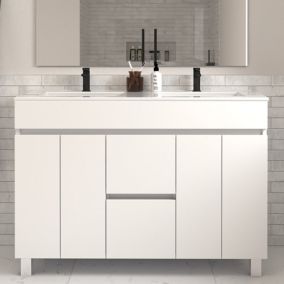 Meuble de salle de bain 120cm double vasque sans miroir sur pieds avec portes et tiroirs - blanc - HARO