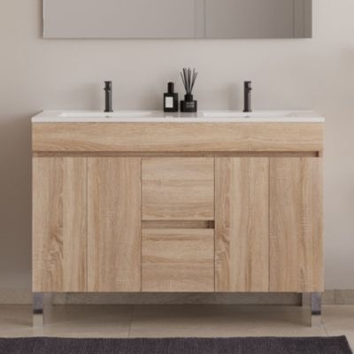 Meuble de salle de bain 120cm double vasque sans miroir sur pieds avec portes et tiroirs - cambrian (chêne clair) - HARO