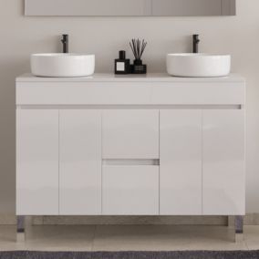 Meuble de salle de bain 120cm sur pieds avec plateau et cuves rondes - sans miroir - portes et tiroirs - blanc - HARO